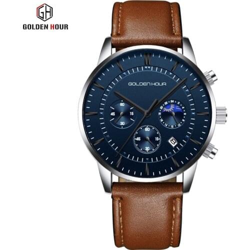 GOLDENHOUR GH126 Mnner Marke Uhren Top Luxus Mode Quarz Uhr Herren Beilaufige Dünne Leder Wasserdichte Sport Uhr