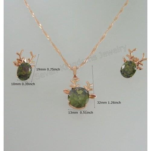 FOROMANCE- YELLOW GOLD GP GREEN ZIRCON STONE DEER HEAD FACE EARRING PENDANT NECKLACE SET/COLOR IS A LITTLE RED