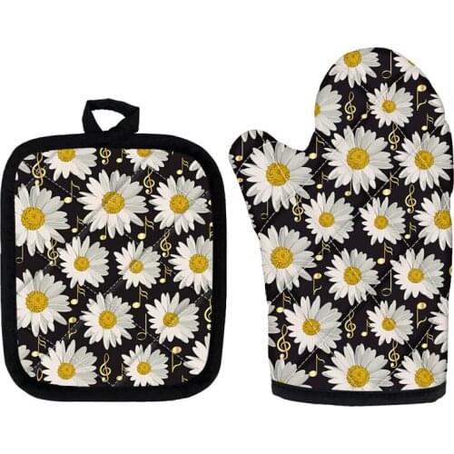 Cute Daisy and Music Note Pattern Kitchen Oven Gloves Heat Insulation Tools 2pcs Potholders Mitten and Mats for Baking Cooking