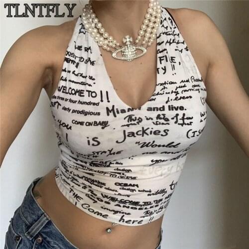 TLNTFLY Fashion Letter Print Halter Crop Tops for Women Summer Backless Sleeveless V Neck Tank Top Cropped Streetwear