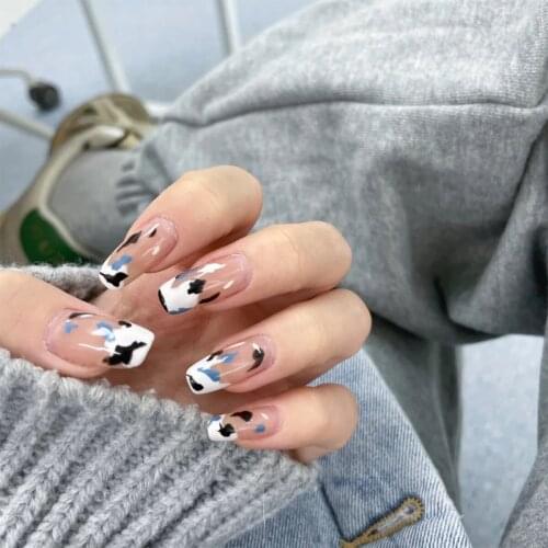 24pcs Cow Pattern Coffin Fake Nail Patch Glue Type Removable Long Paragraph Fashion Manicure False Save Time Nails Patch