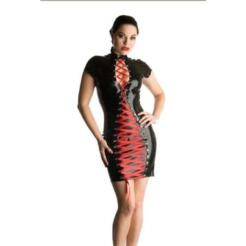 Cheap and Fine Women Black Faux Leather Mini Pencil Dress Red Ribbon Lace-Up Gothic Style Bandage Bodycon Exotic PVC Catsuit