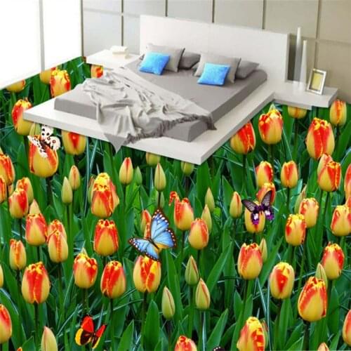 Non-slip waterproof self-adhesive bedroom Tulip flower 3D floor tiles Custom home bathroom decorative wallpaper Beibehang