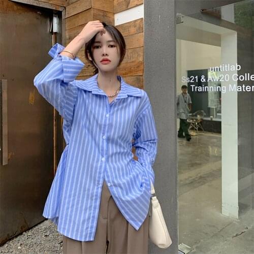 Autumn Blue Striped Casual Shirts Loose Hollow Out Women Tops Chic Korean Fashion Camisas Mujer Backless Blouses New Ladies