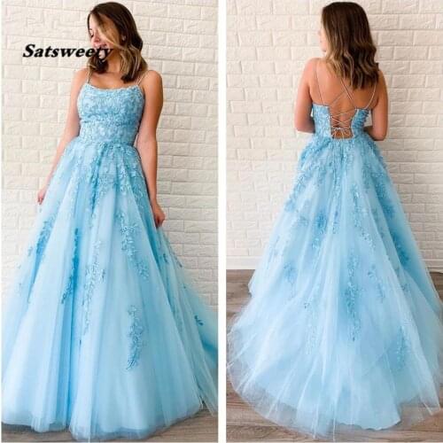 Double Spaghetti Straps Tulle Prom Evening Dresses Lace Up with Crystals Appliques A Line Formal Party Gowns for Women