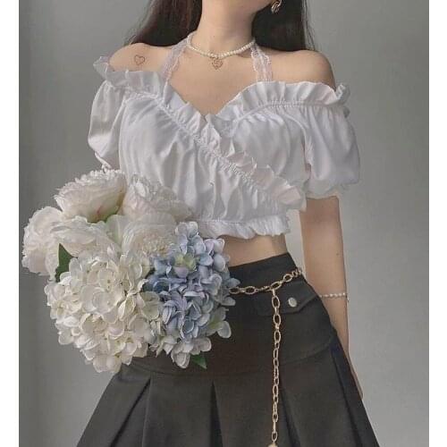 Casual Sweet Kawaii White Female Blouse Lace Japanese Sexy Halter Blouse Women Bubble Sleeve Korean Fashion Clothing Summer 2021