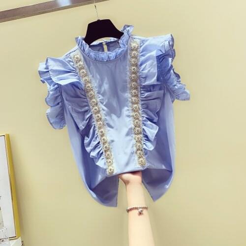 Ruffled Beaded Diamond Fungus Stand Collar Sleeveless Shirt Female 2020 Summer Loose Slimming-look Top Female Blouse Blusas