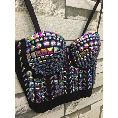 Cosplay evening Rhinestone Gaga Bustier Pearls Diamond Push Up Night Club Bralette Womens Bra Cropped Top Vest Plus Size party