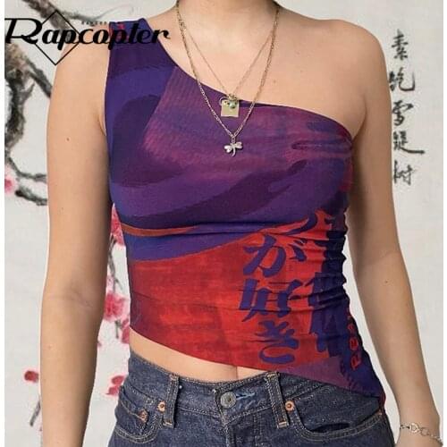 Rapcopter Printed Vintage Corset Top y2k Asymmetrical Skinny Crop Top Women Summer 90s Streetwear Chinese Style Camis Harajuku