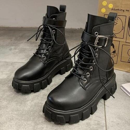 2021 Black Platform Combat Ankle Boots for Women Lace Up Buckle Strap Woman Shoes Winter Biker Boots Platform Boots Gothic Shoes