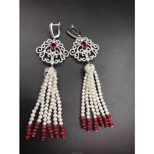 Freshwater pearl white and red jade hook earrings wholesale beads nature FPPJ woman 2017