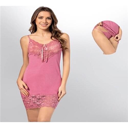 WOMENS NIGHTWEAR SUIT WITH LACE DETAILED ROPE 80% Polyester 20% Viscose 1- 3 - 5 - 8 - 10 Pieces