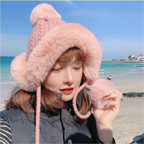 Winter Bomber Hats Women Russian Ushanka Beanies with Fur Pompom Chunky Infinity Knit Trapper Hat Snow Ski Warm Earflap Caps