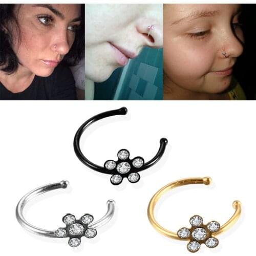 1PC Stainless Steel Circular Fake Nose Rings C Shape Punk Small Thin Clear Gem Flower Lip Ear Nose Clip On Fake Piercing Jewelry