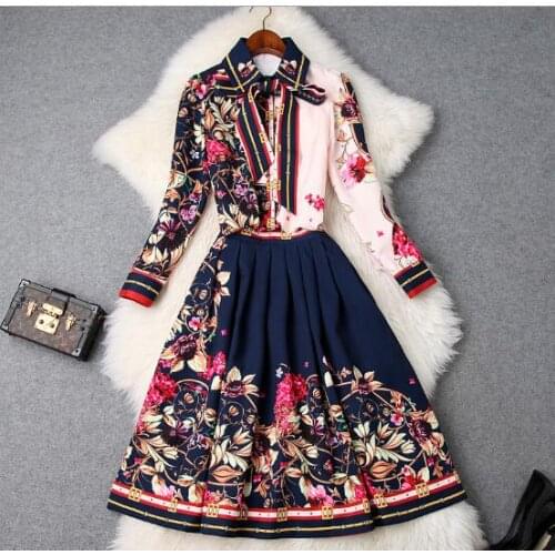 2019 spring womens new lapel bow print shirt + pleated big swing skirt elegant suitT3441