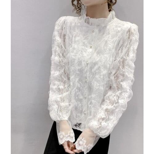 #4769 2021 Autumn Mesh Chiffon Lace Shirt Women Stand Collar Sexy Casual Vintage Shirt Female Long Sleeves Thin Woman Shirt
