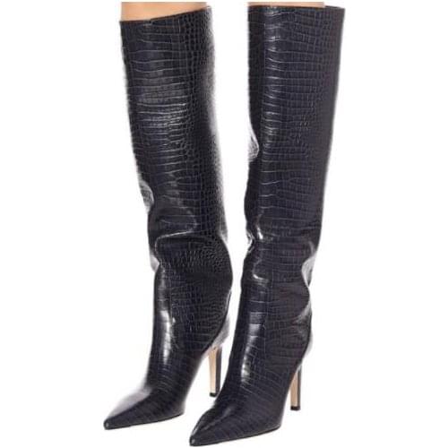 Carpaton Pointed Toe Stone Pattern Leather High Heel Boots Woman Thin Heels Runway Shoe Sexy Knee High Boots Brown Green Black