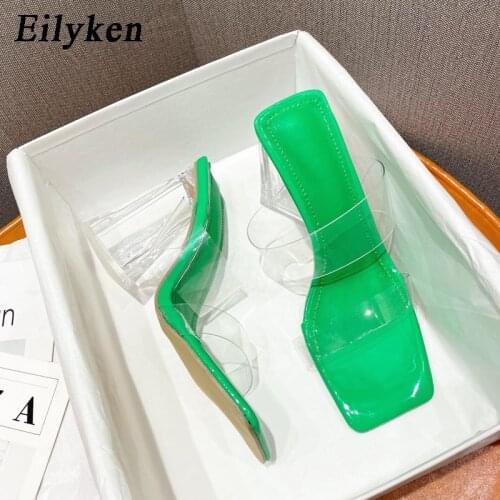 Eilyken 2022 New Fashion Green Slippers Women Summer PVC Transparent Jelly Sandals Crystal Perspex Heels Ladies Shoes size 35-41