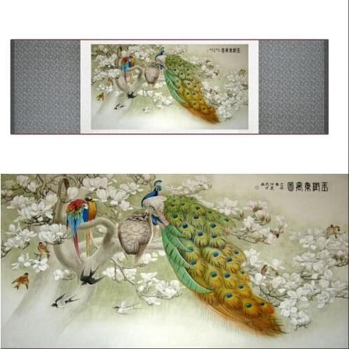 Chinese traditional art painting birds in the water silk scroll painting peacock painting Ink wash paintingPrinted painting