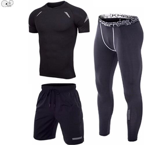 3 Pieces T-shirt+Shorts+Legging Sport Suit Dry Fit Compression Tracksuit Fitness Tight Running Jogging Set Gym Training Clothing