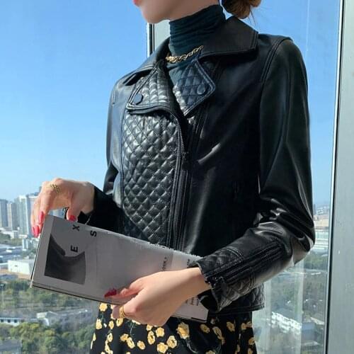 Coat Arrival New Women 2021 Spring Female Short Length Import Genuine Leather Jacket Locomotive Model Diamond Grid Decoration