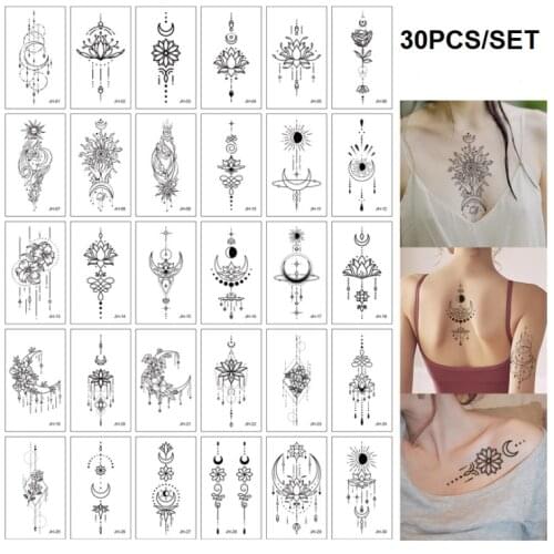 30pcs Black Geometric Figure Fake Tattoo Stickers for Men Women Wrist Arm Body Art Waterproof Flower Temporary Tattos Sexy Tatoo
