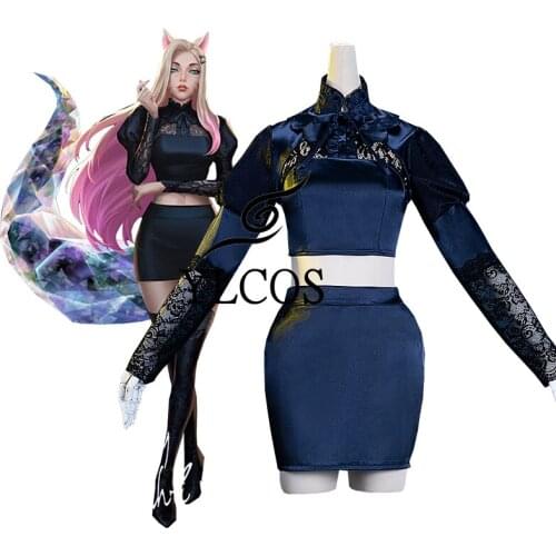 NEW LOL KDA Lotus the Nine-Tailed Fox Ahri Black Costume Cosplay Halloween Party Full Set