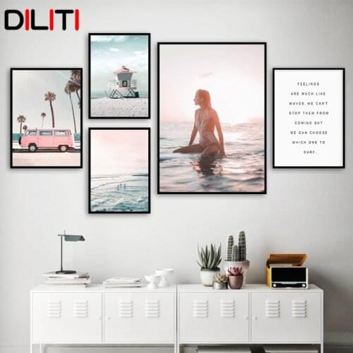 Sexy Girl Surfing Canvas Painting Art Pink Bus Log Cabin Posters and Prints Sunset Sea Landscape Wall Pictures for Living Room