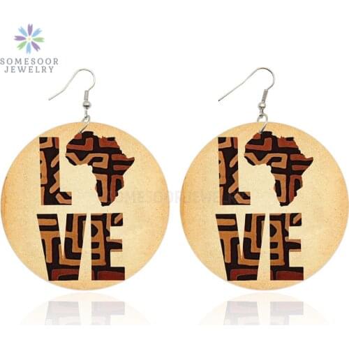 SOMESOOR I LOVE AFRICA Double Sides Printing Wooden Drop Earrings AFRO Motherland Map Design Jewelry For Black Women Gifts 1Pair