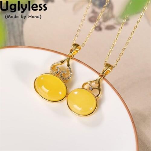 Uglyless 2Sizes Ethnic Gourd Necklaces for Women Natural Amber Beeswax Pendants Gold Hollow 925 Silver Retro Jewelry NO Chains
