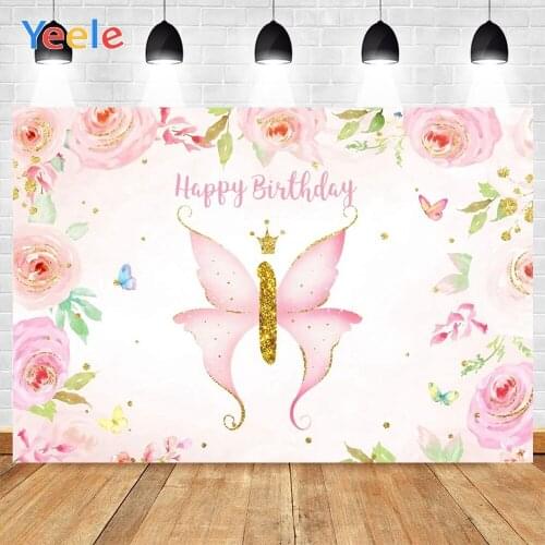 Yeele Happy Birthday Pink Flowers And Butterfly Golden Spot Background Photophone Photography Backdrop for Decor Customized Size