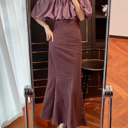 Vintage High Waist Slim Ruffles Mermaid Skirt Office Lady Elegant Solid Trumpet Woman Skirts 2021 Fall Chic Split Faldas Mujer