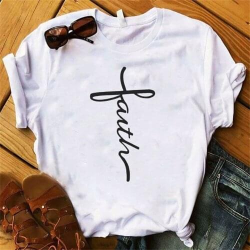 Women Lady T Shirt Faith Letter Printed Tshirt Ladies Short Sleeve Loose Tee Shirt Women Female Tops Clothes T-shirt