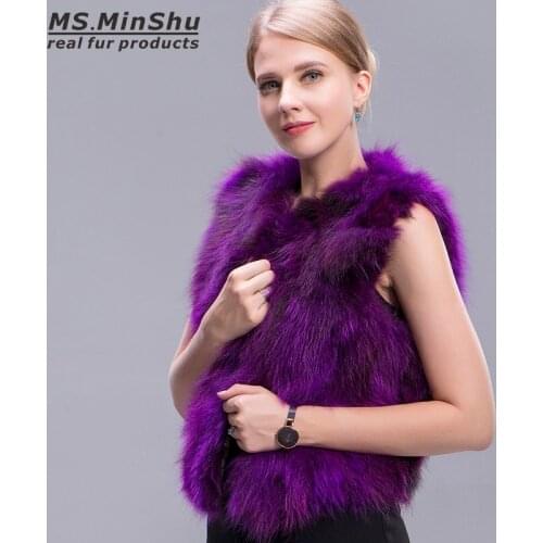 Ms.MinShu Raccoon Waistcoat Short Dyed Color Fox Fur Vest Sleeveless Women Raccoon Fur Coat Fashion Real Fur Vest for Girl