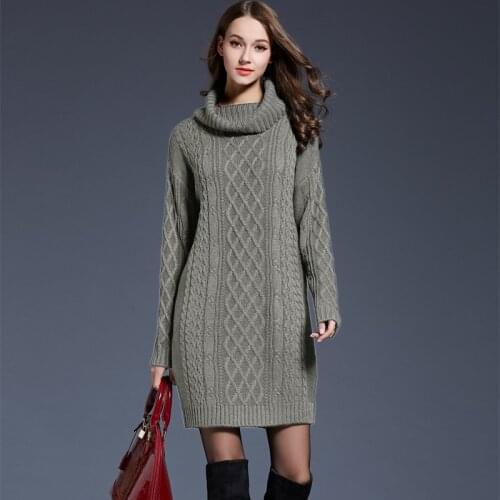 Womens Turtleneck Knitted Sweater Autumn Winter Females Long Loose Twisted Crocheting Pullover Dress