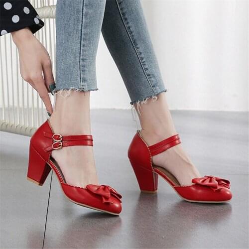 Size 32-43Women High Heels Sandals bow Summer Shoes Women Platform Square Heels Sandalias Party Wedding Shoes Footwear white red
