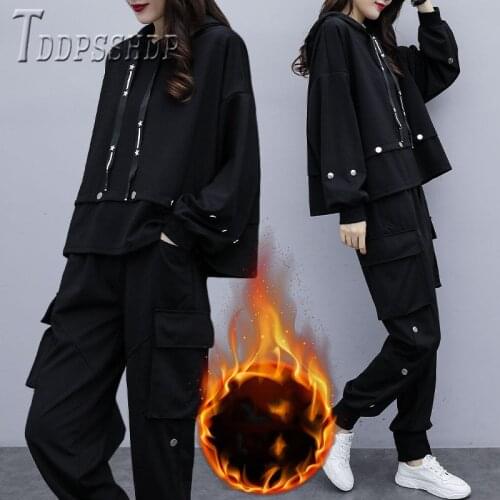 2019 New Lining With Fluff Women Sets Fashion Sweatshirt And Pants Female Sets
