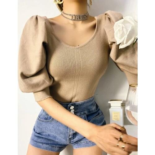 Womens puff sleeve crop sweater knitted tops