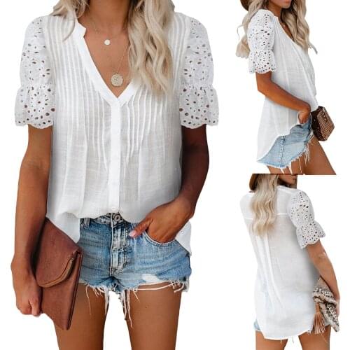 Summer New Solid Color Womens V-neck Casual Hollow Out Pleated Lace Stitching Short-sleeved Top For Daily Life Summer Beach