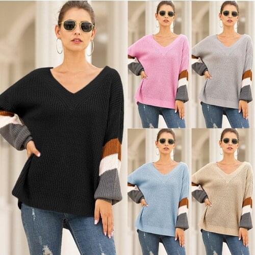 Sweaters Women Pullover 2021 New Sweater Women Sweetheart V-neck Lantern Sleeve Striped color-blocking Sweater Clothes MMY119189