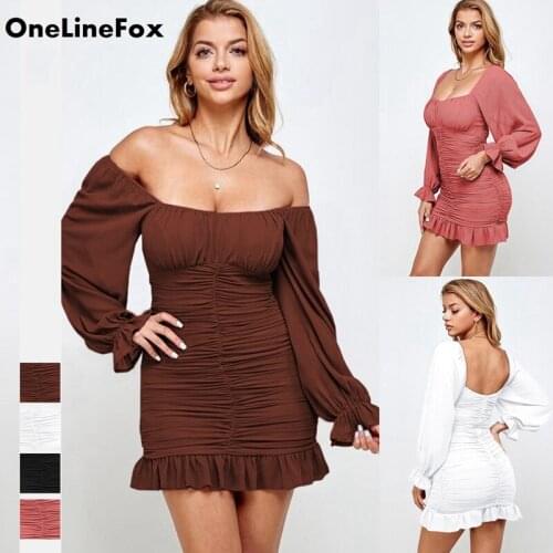 OneLineFox Womens Solid Fashion Fold Ruffle Hem Dress Sexy Off Shoulder Long Sleeve Bodyocn Sheath Autumn Club Wear Dress
