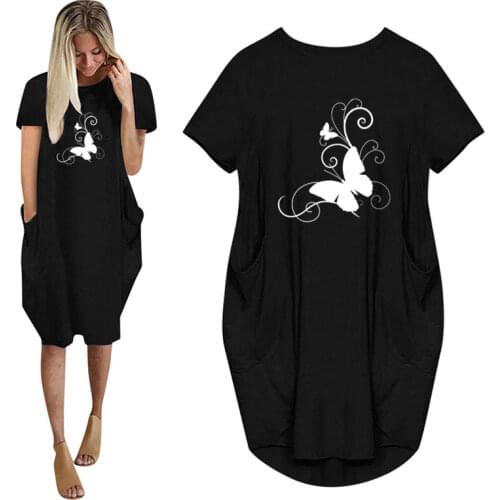 New Summer Butterfly Animal Print Women Casual Loose Dress With Pocket Ladies Fashion O Neck Long Tops Female T Shirt Dress