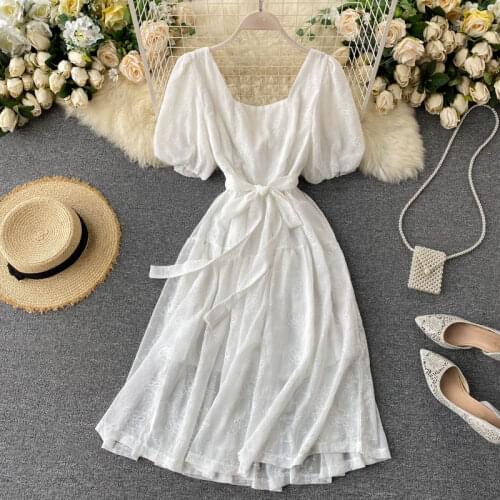 ZQLZ Summer Dress Women 2021 Solid Square Collar High Waist Puff Sleeve Bandage Dresses Party Office Lady Elegant Vestidos