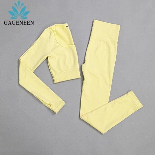 GAUENEEN 2 Piece Seamless Yoga Set Women Square Neck Long Sleeve Crop Top High Waist Gym Leggings Fitness Clothing Sport Wear
