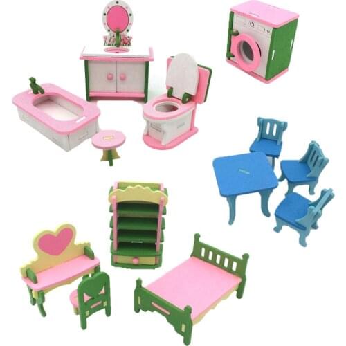 Wooden Simulation Miniature Furniture Bathroom Restaurant House Decoration Play Toys Wood Dollhouse Furniture Toys set For Kids