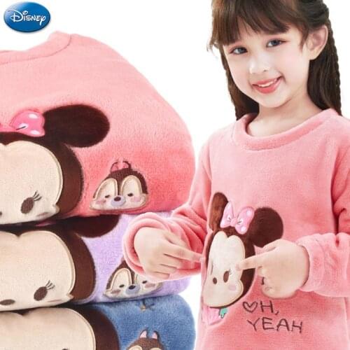 Disney Children Flannel Pajama Set Homewear Winter Warm Kawaii Mickey Mouse Boys Girls Sleepwear Loungewear Orange Tracksuit Set