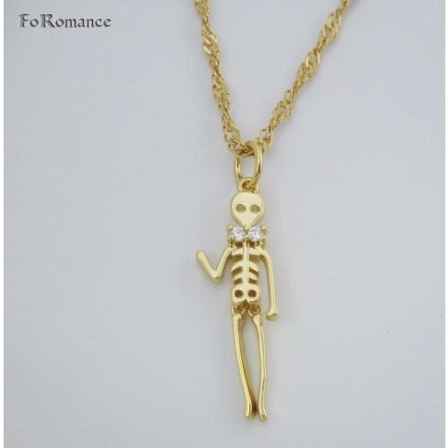 Foromance/- YELLOW GOLD GP 18" WATER WAVE NECKLACE & TWO STYLES DANCING SKELETON LEGS CAN MOVE CZ STONES INTERESTING PENDANT