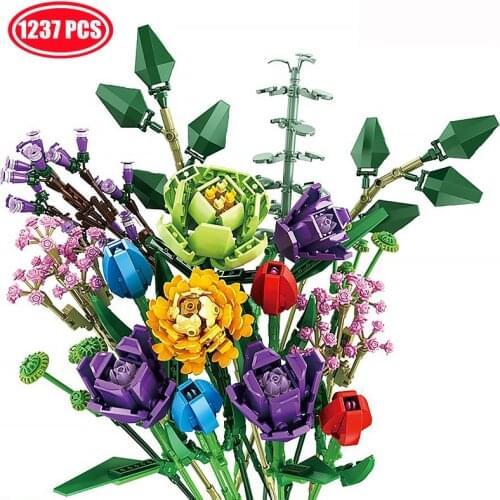 City Moc Rose Flowers Bouquet Series Model Assemblage Building Blocks Kits Creator Home Decoration Bricks Toys For Girls Gifts