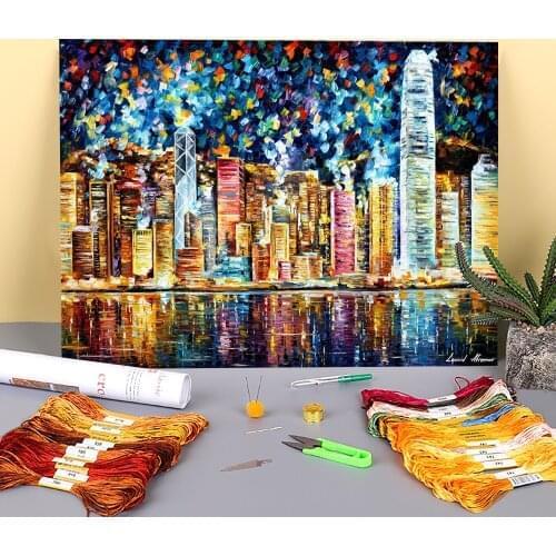 Oil Painting Style Hong Kong Pre-Printed 11CT Cross-Stitch DIY Embroidery Kit DMC Threads Painting Knitting Handicraft Gift