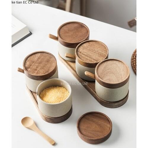 Japanese-style kitchen retro spice jar ceramic three-piece set simple salt shaker acacia wooden tray with lid engraved logo